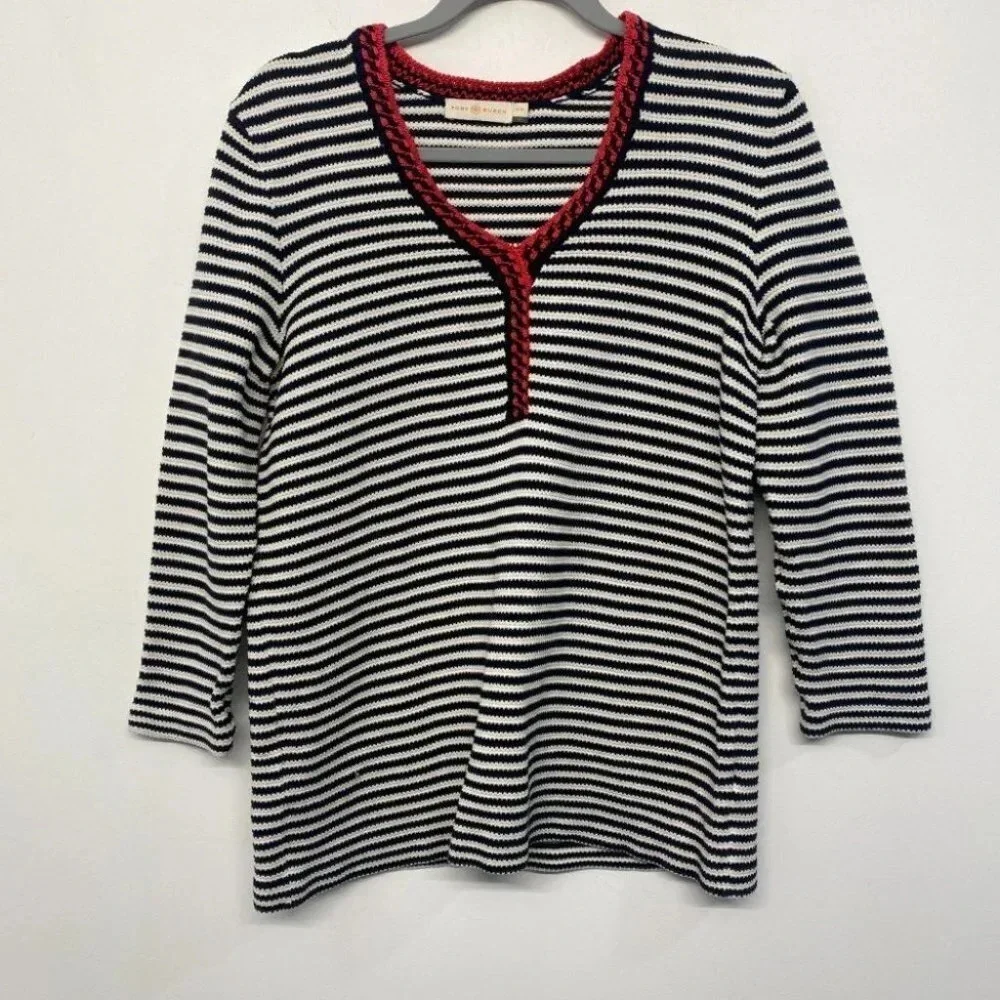 Tory Burch Black White Striped Knit Sweater‎ Blouse Size M
